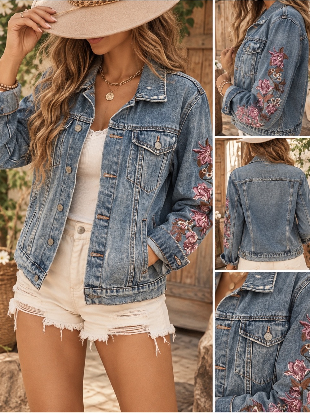 Denim Jacket with Pink Floral Embroidery - Women's Blue Jean Coat